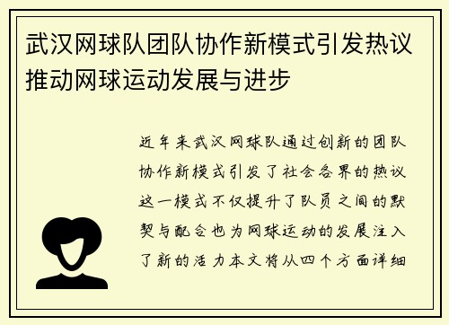 武汉网球队团队协作新模式引发热议推动网球运动发展与进步